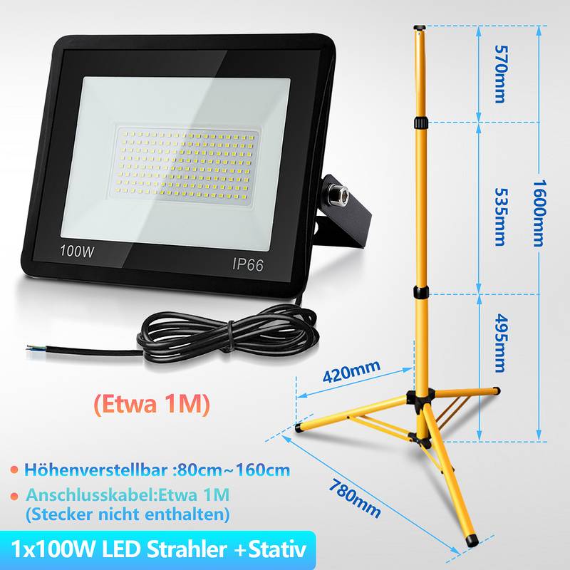 100W LED Baustrahler Fluter Stativ Flutlicht Scheinwerfer Außenstrahler Arbeitsleuchte Bauscheinwerfer IP66 Wasserdicht Kaltweiß
