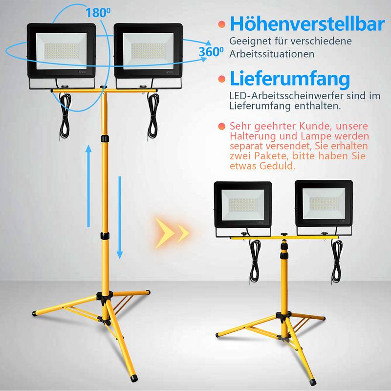 LED Baustrahler 2x 50W LED Fluter Flutlicht mit Stativ Außenstrahler IP82 Wasserdicht Scheinwerfer Arbeitsleuchte Warmweiß