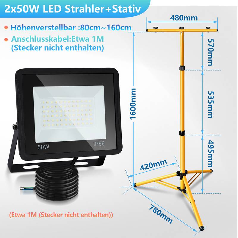 2x 50W LED Baustrahler Fluter Stativ Flutlicht Scheinwerfer Außenstrahler Arbeitsleuchte Bauscheinwerfer IP66 Wasserdicht Warmweiß