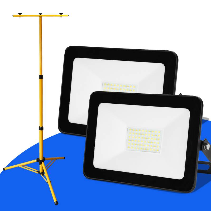 LED Baustrahler 2x 50W LED Fluter Flutlicht mit Stativ Außenstrahler IP83 Wasserdicht Scheinwerfer Arbeitsleuchte Kaltweiß