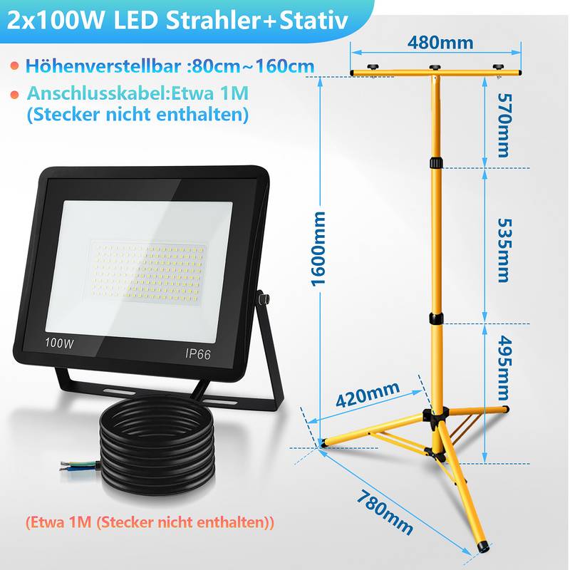 2x 100W LED Baustrahler Fluter Stativ Flutlicht Scheinwerfer Außenstrahler Arbeitsleuchte Bauscheinwerfer IP66 Wasserdicht Warmweiß