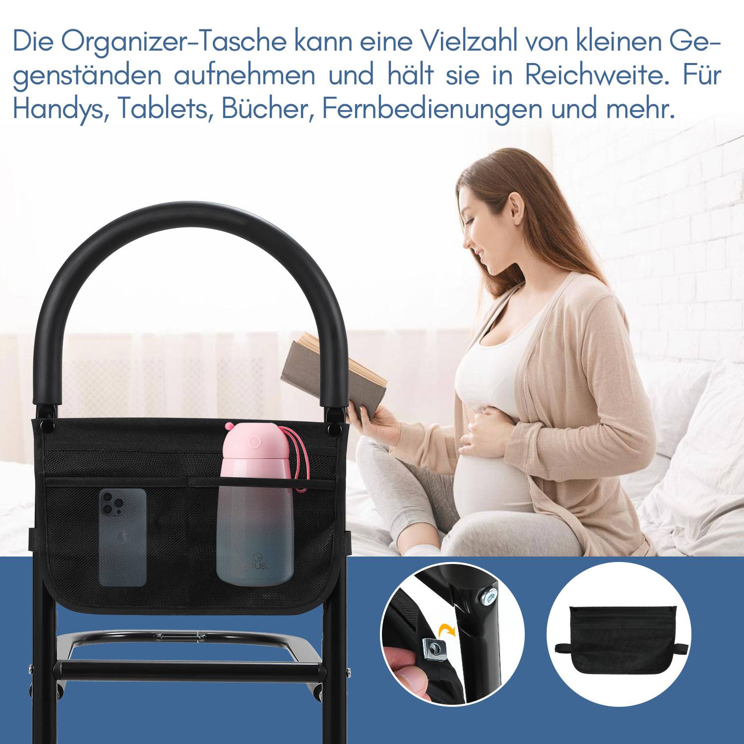 Bett Aufstehhilfe Bettgitter für Ältere Erwachsene 80-114cm Höhenverstellbar mit Ablagetasche Rausfallschutz Senioren