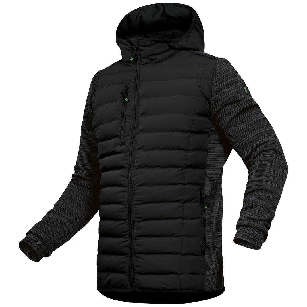 Schwarze Kapuzen-Steppjacke mit durchgehendem Reißverschluss und Strickärmeln, gezeigt auf weißem Hintergrund.