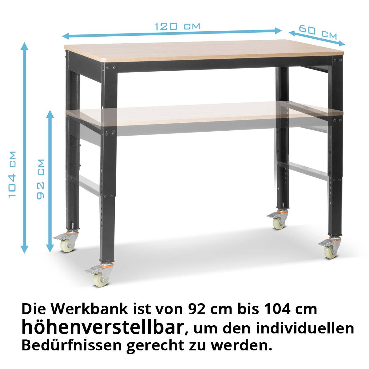 STAHLWERK Werkbank mit Rollen höhenverstellbar 92-104 cm Tragfähigkeit 365 kg