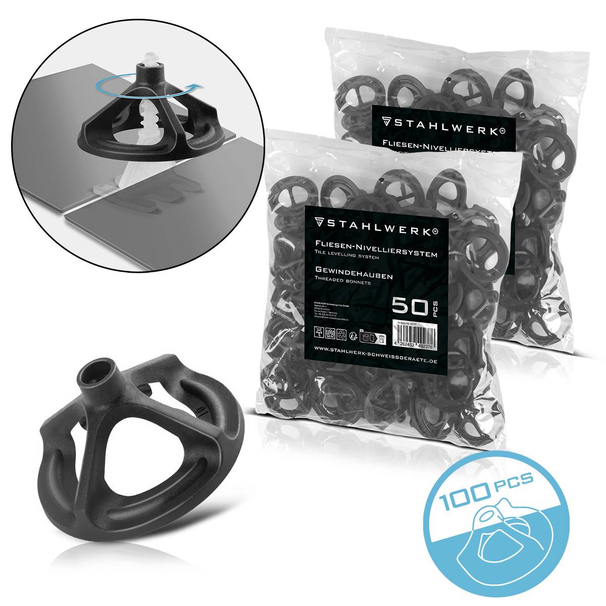 STAHLWERK Fliesen-Nivellier-System 100-teilig / Wiederverwendbare Gewindehauben