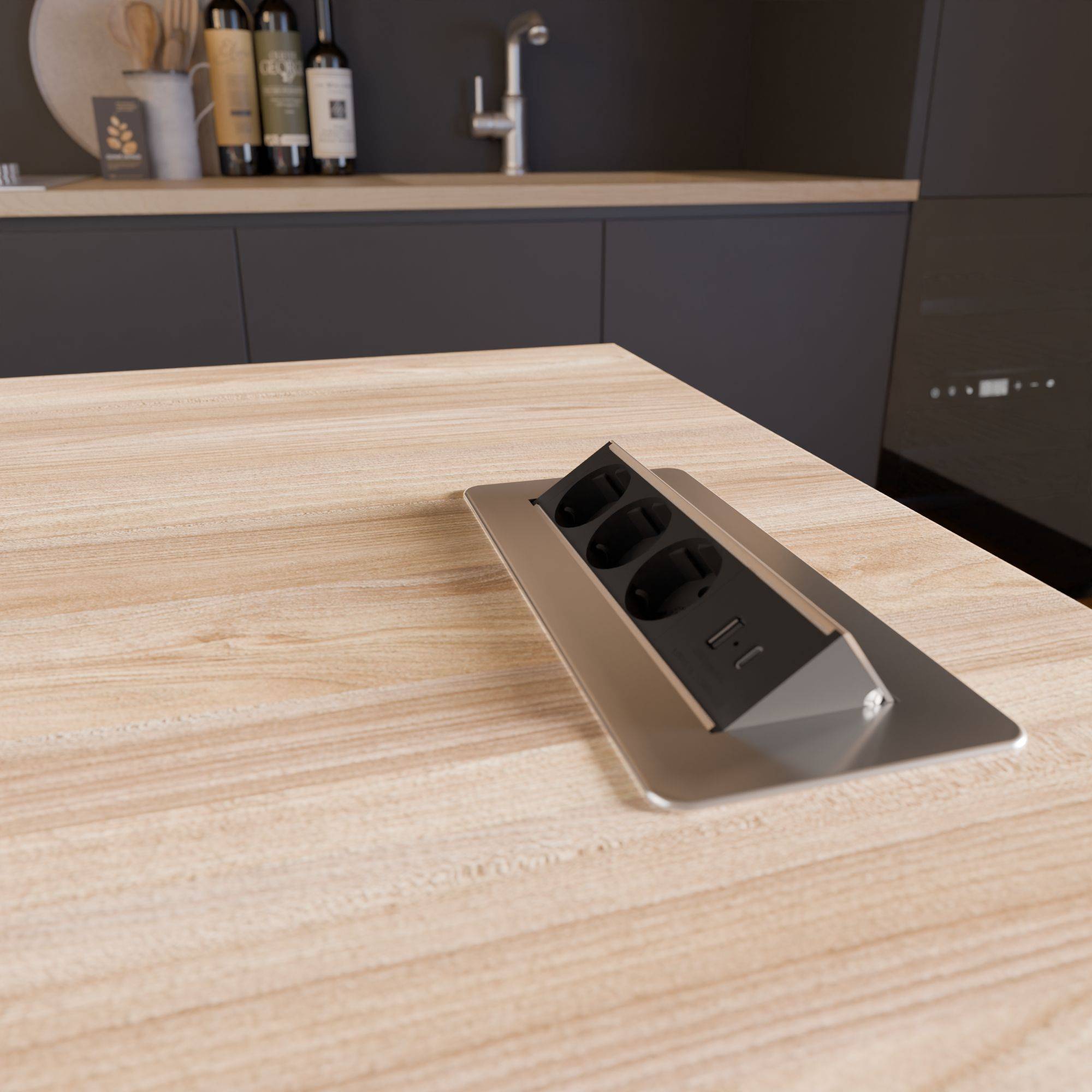 kalb | 3er Flipup-Mehrfachsteckdose Voltaris mit USB A/C, Steckdosenleiste 230V 16A Tischanschlussfeld für Möbel Einbau-Steckdose mit USB Ports, Ver