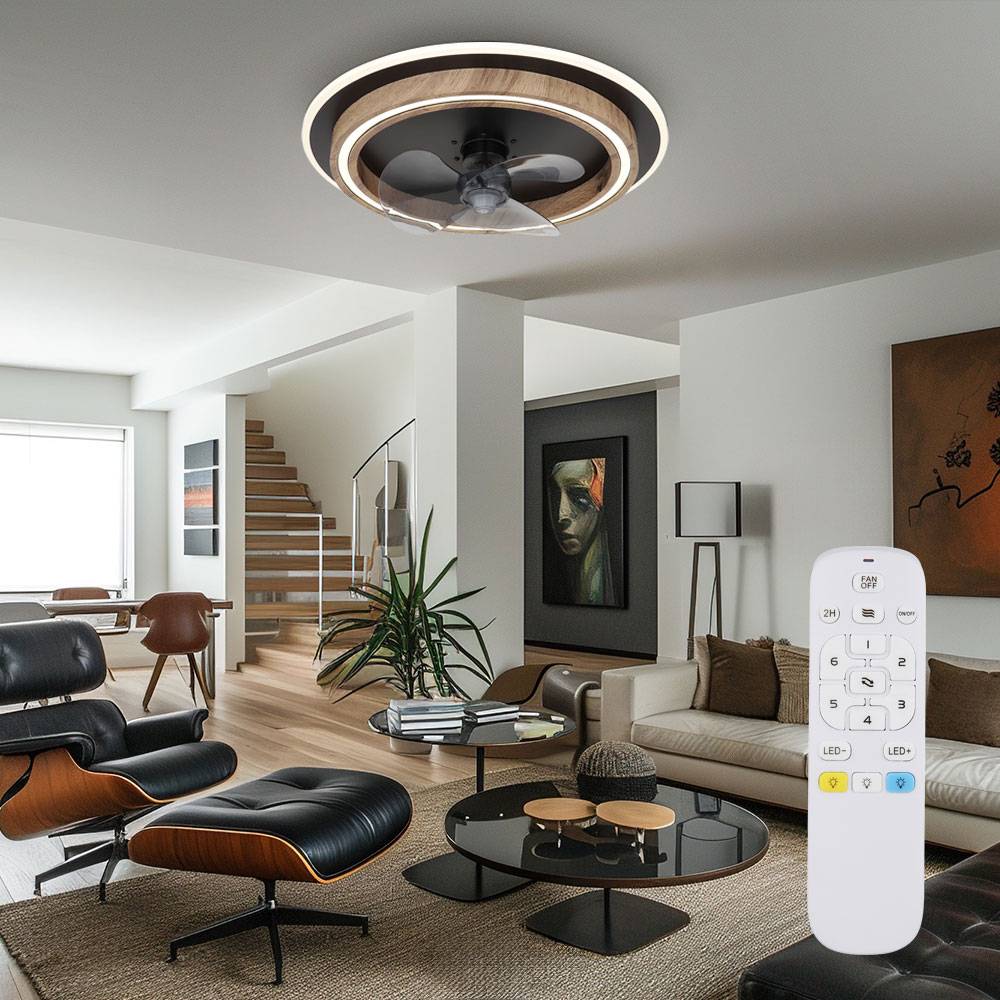 LED Deckenventilator mit Fernbedienung Deckenleuchte CCT dimmbar Ventilator Holzoptik rauch schwarz, Vor-Rücklauf 6-Stufen, 32W 1200Lm warm-kaltweiß