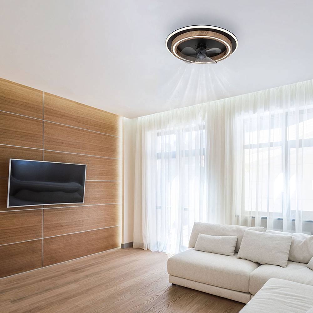 LED Deckenventilator mit Fernbedienung Deckenleuchte CCT dimmbar Ventilator Holzoptik rauch schwarz, Vor-Rücklauf 6-Stufen, 32W 1200Lm warm-kaltweiß