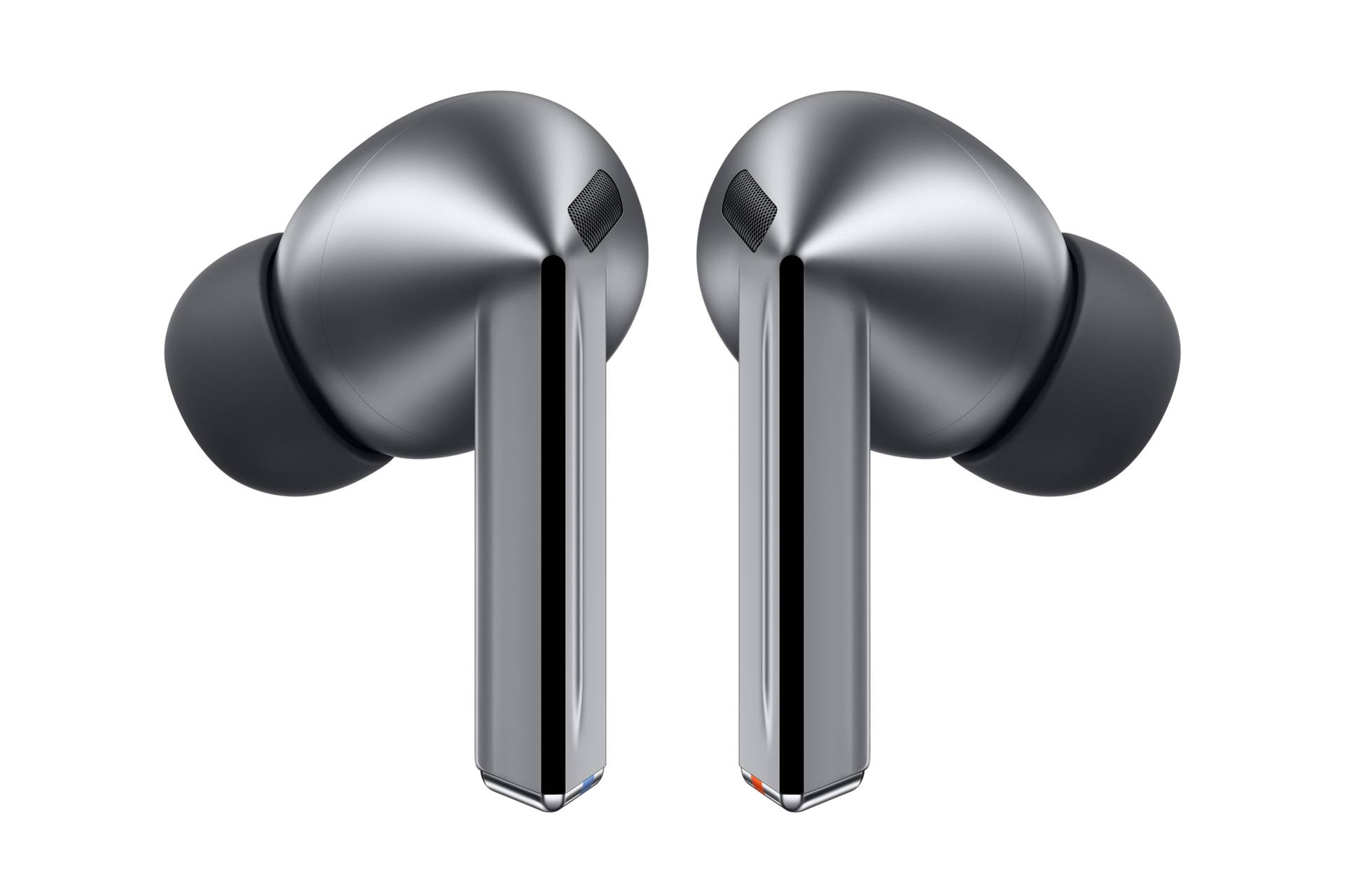 Zwei metallische kabellose Ohrhörer mit schwarzen Spitzen, ausgestattet mit Touchsteuerung und elegantem Design, von der Seite betrachtet.