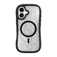 Ein Smartphone-Gehäuse mit einem schwarzen Lupendesign auf einem grauen konturalen topografischen Kartenhintergrund.
