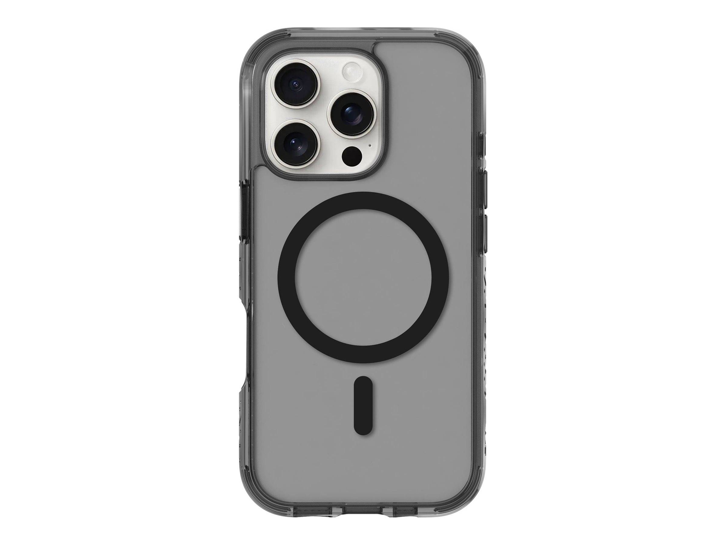 Eine Smartphone-Hülle mit transparenter Rückseite und kreisförmigem Design, kompatibel mit MagSafe; passend für Modelle mit Dreifach-Kamera.