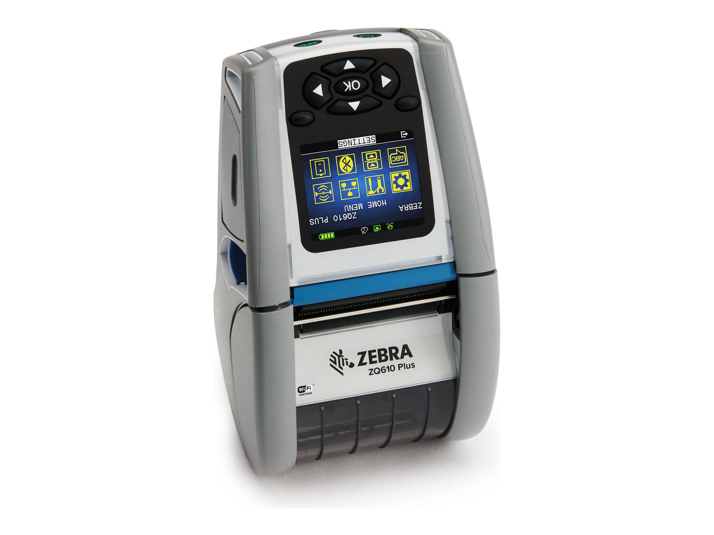 Tragbarer Zebra ZQ610 Plus mobiler Etikettendrucker mit Steuertasten, Farbdisplay und Papierausgabeschlitz.