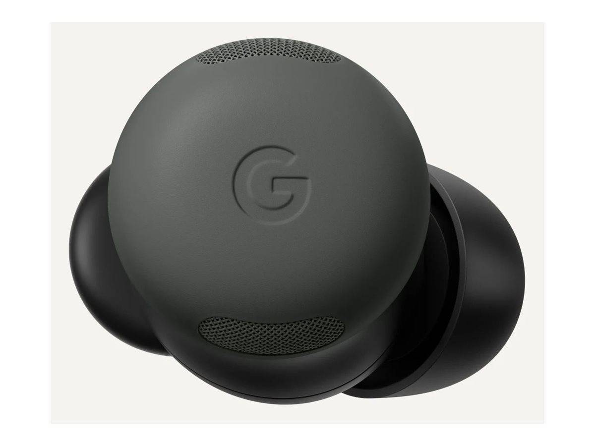 Dunkelgraue kabellose Ohrhörer in einem kompakten Ladeetui mit einem Google-Logo auf der Vorderseite.