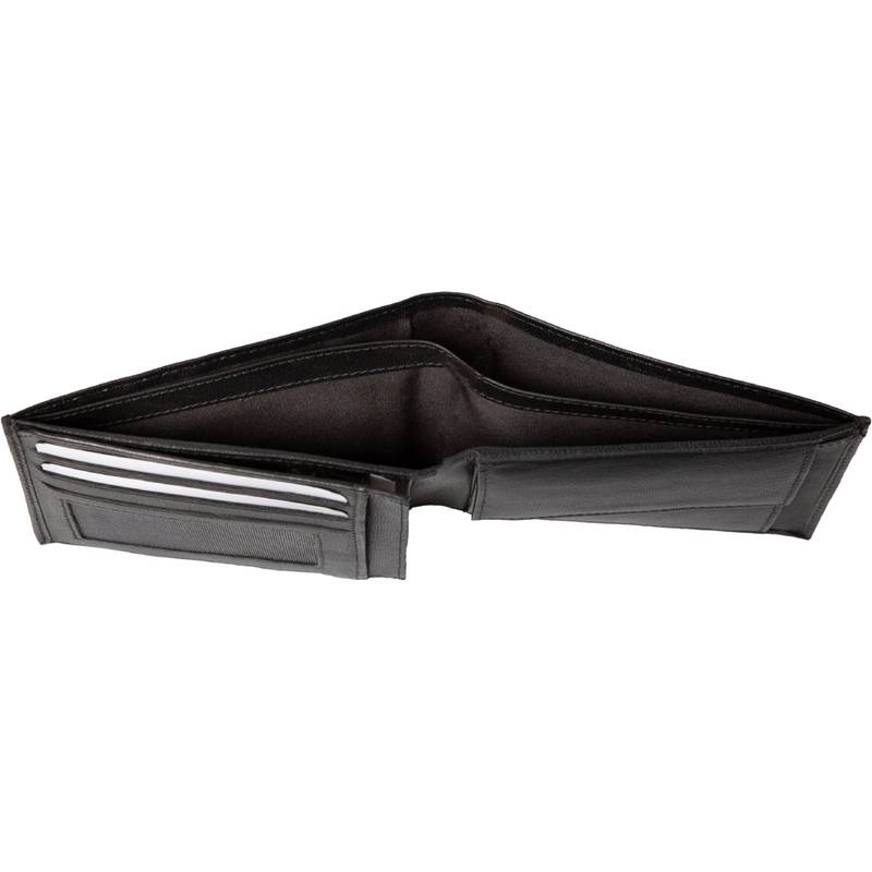 Eine schwarze Lederbörse, geöffnet, mit sichtbaren Kartenfächern und leeren Fächern.