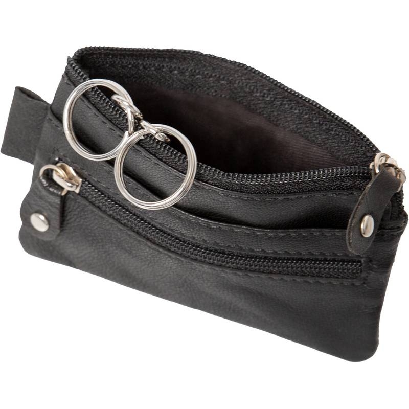 Schwarze Ledermünzbörse mit zwei Reißverschlusstaschen; offene Oberseite zeigt zwei metallische Schlüsselringe, die innen befestigt sind.