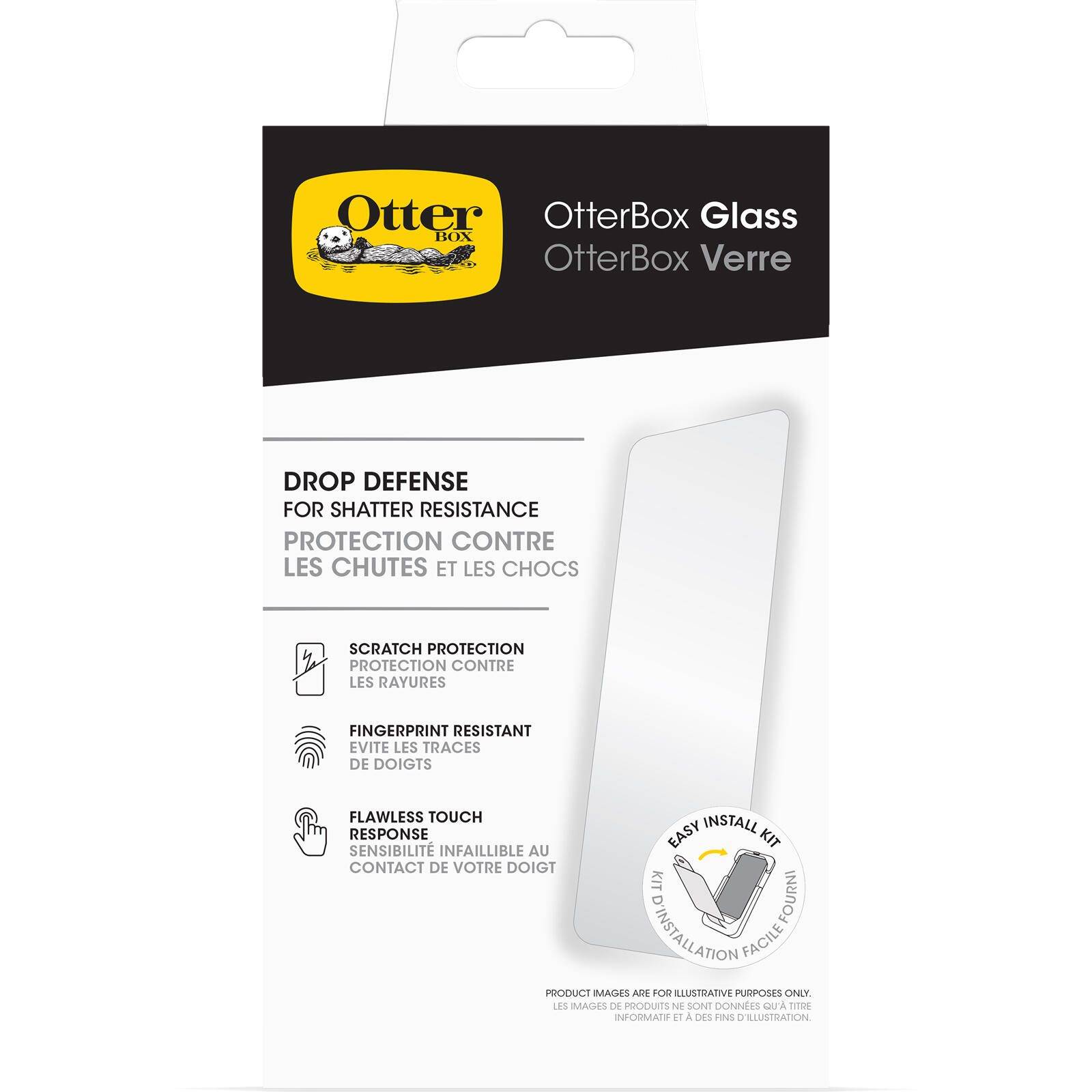 OtterBox Glas-Displayschutzfolie mit den Funktionen: Sturzsicherheit, Kratzerscutz, Fingerabdruckresistenz, fehlerfreie Bedienung.