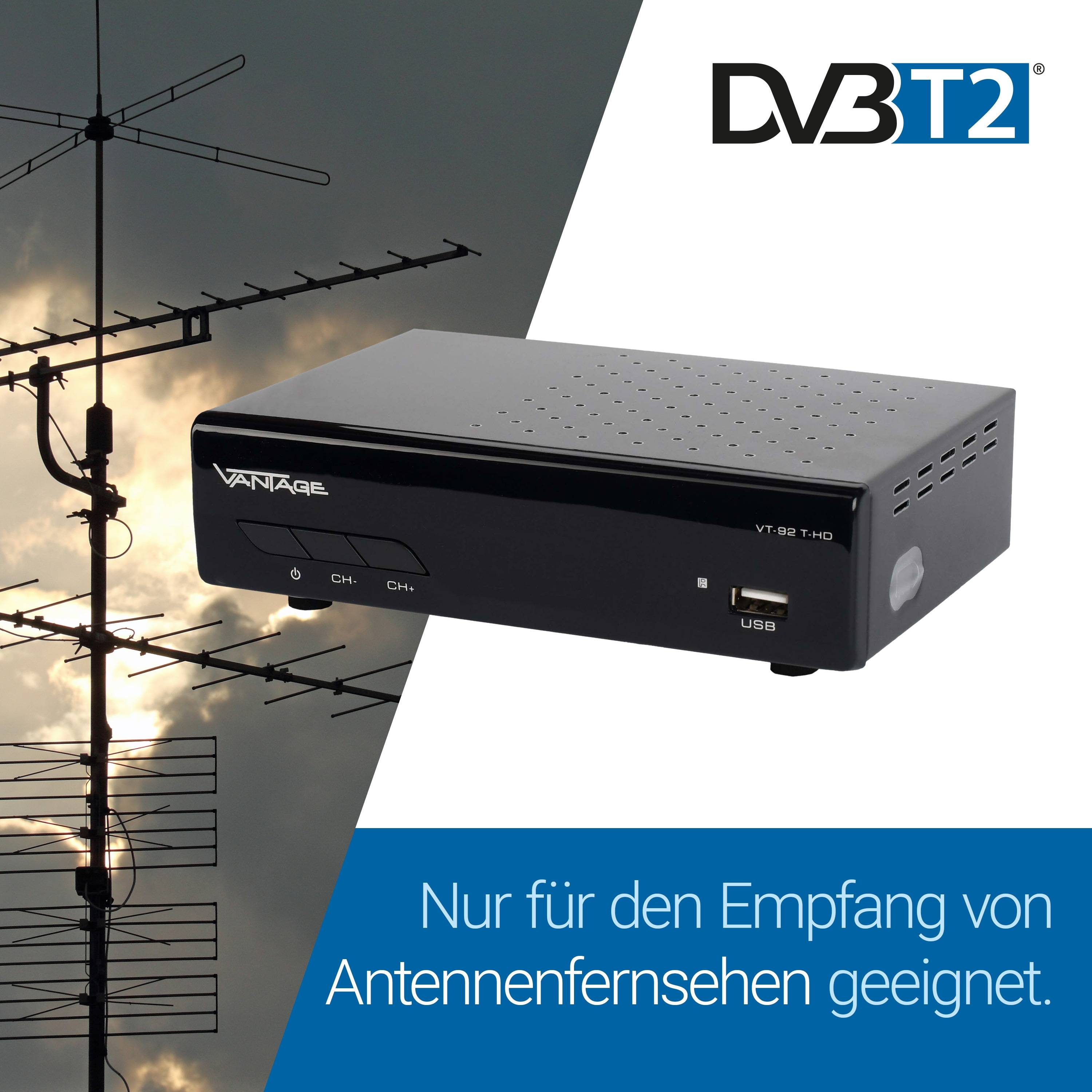 Vantage VT-92 DVB-T2 Bundle, HDMI, SCART, Full HD, HDMI Kabel, aktive Antenne