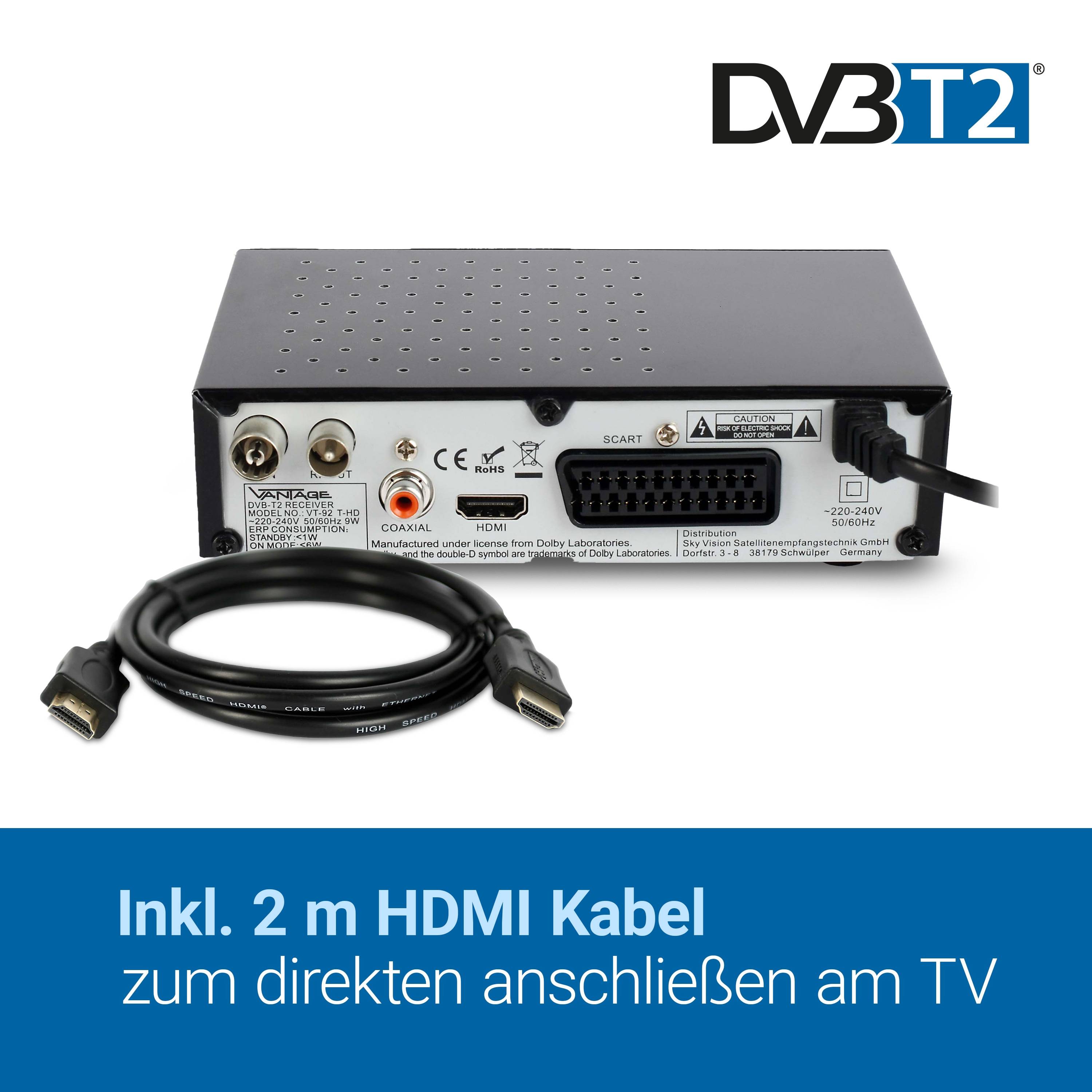 Vantage VT-92 DVB-T2 Bundle, HDMI, SCART, Full HD, HDMI Kabel, aktive Antenne