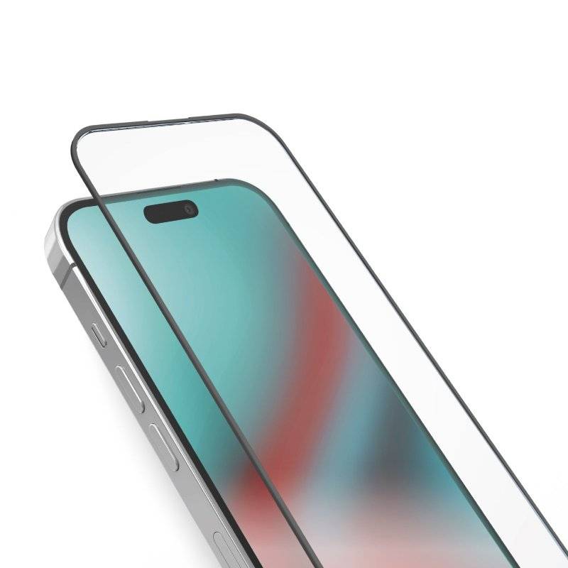 Smartphone in schräger Ansicht mit einer transparenten Schutzhülle oder Displayschutzfolie über dem Display.