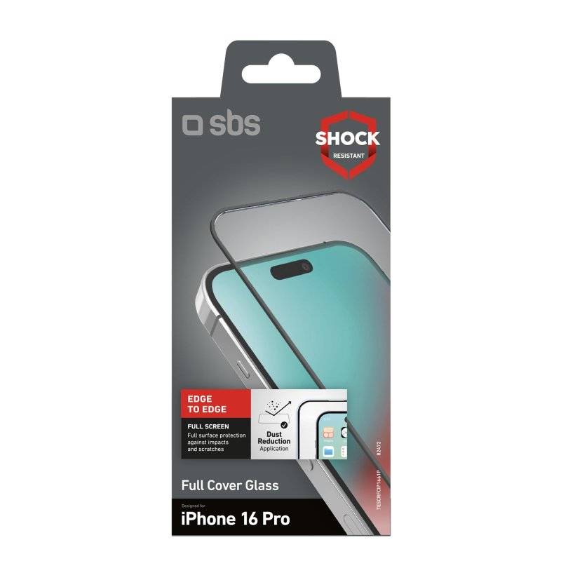 Verpackung für einen SBS stoßfesten Vollschutz-Glasbildschirmschutz für iPhone 16 Pro, mit kantenlosem Vollbildschutz und staubreduzierender Anwendung.