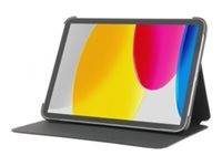 Tablet in einem schwarzen Schutzetui, in Winkelposition mit farbenfrohem abstraktem Bildschirm gezeigt.