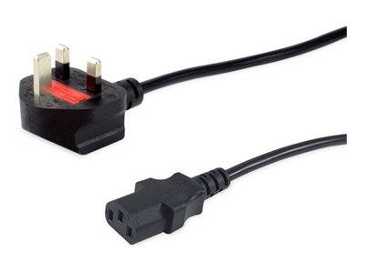 Schwarzer britischer dreipoliger Stecker, der an einen passenden dreipoligen Buchsenconnector an einem Kabel angeschlossen ist, vor weißem Hintergrund dargestellt.