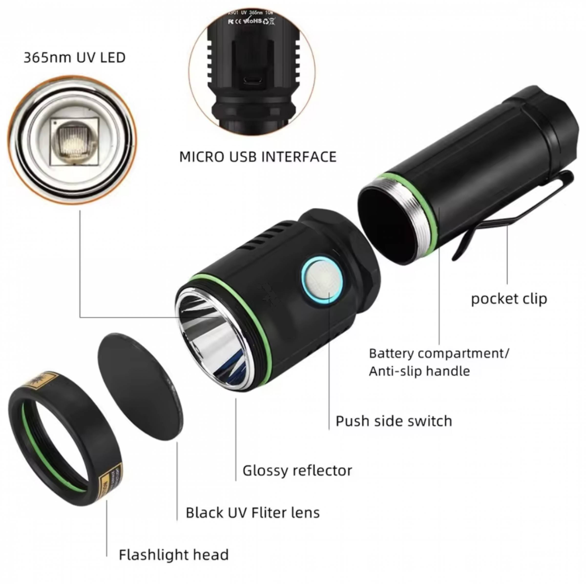 Infinio UV601 Alonefire Bold V2 10W 365nm UV Taschenlampe USB aufladbar