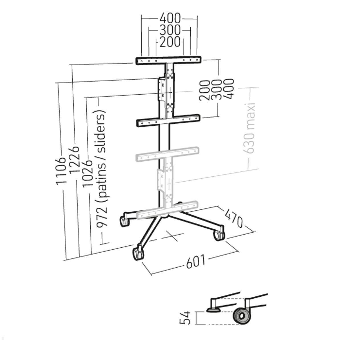 Erard KANA 1200L mobiler TV Ständer mit Soundbarhalter 30-55 Zoll, silber / schw...