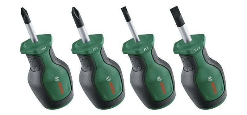 Drei Schraubendreher mit grünen und schwarzen Griffen, beschriftet mit 'PH2' und 'SL4'. Jeder hat einen sichtbar anderen Schraubendreher-Bittyp.