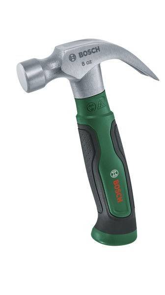 Ein grau-grüner Klauenhammer mit einem roten Logo auf dem Griff, ausgestattet mit einer glatten Fläche zum Einschlagen von Nägeln und einer Kralle zum Herausziehen.