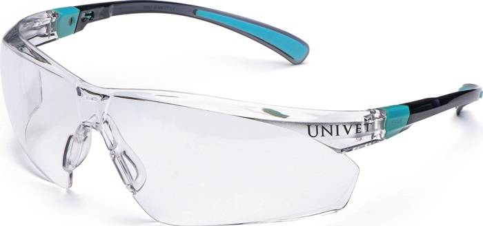 Schutzbrille mit klaren Gläsern und blauen Bügeln mit dem Teiltext 'UNIV'. Entwickelt für Augenschutz in verschiedenen Umgebungen.