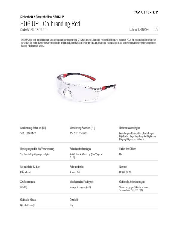 Schutzbrille 506 UP EN 166,EN 170 Bügel schwarz/rot PC UNIVET
