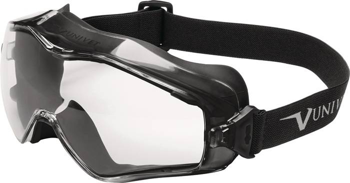 Schwarze Sicherheitsschutzbrille mit transparenten Gläsern und verstellbarem Riemen, entwickelt für den Augenschutz bei Tätigkeiten, die ein erhöhtes Maß an Sicherheit erfordern.