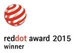 Red Dot Award 2015 Gewinner-Logo mit einem roten Spiralpunkt neben dem Text.