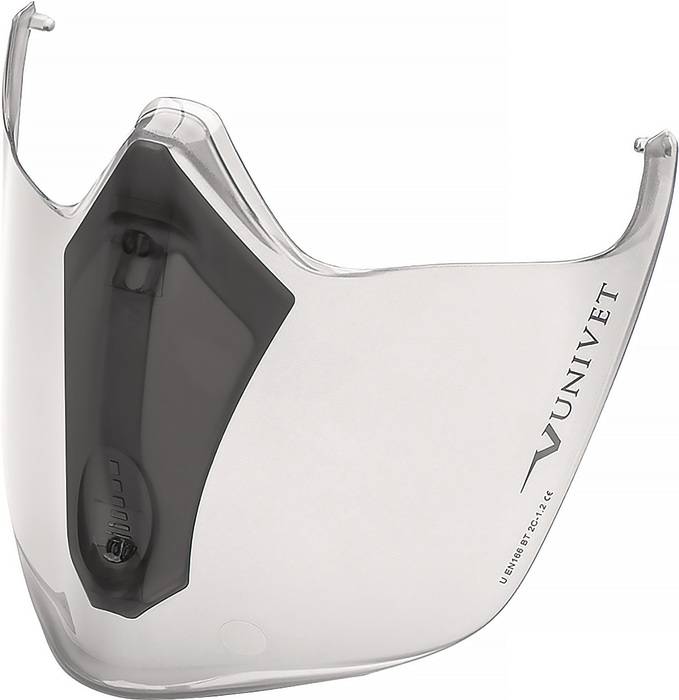 Ein klarer, gebogener Schutzgesichtsschild mit dem 'Univet' Logo, der für Sicherheit und Sichtbarkeit konzipiert ist und einen schwarzen Befestigungspunkt aufweist.