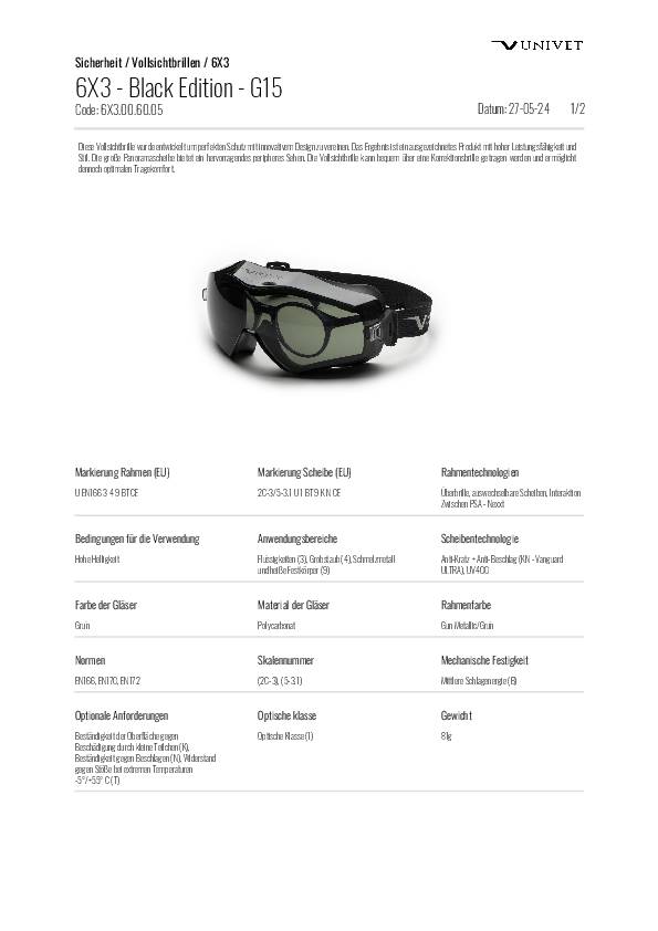 Vollsichtschutzbrille 6x3 EN166,EN170,EN172 PC UNIVET