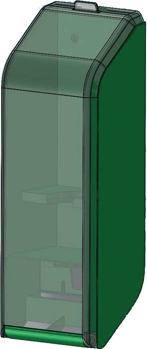 Ein grüner rechteckiger Schrank mit einer transparenten Tür, die zwei Innenregale offenbart. Die Regale sind leer.