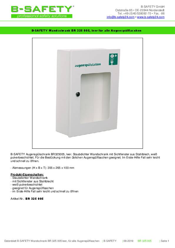 Augenspülschrank leer Stahlblech,weiß pulv.m.Sichtfenster B-SAFETY