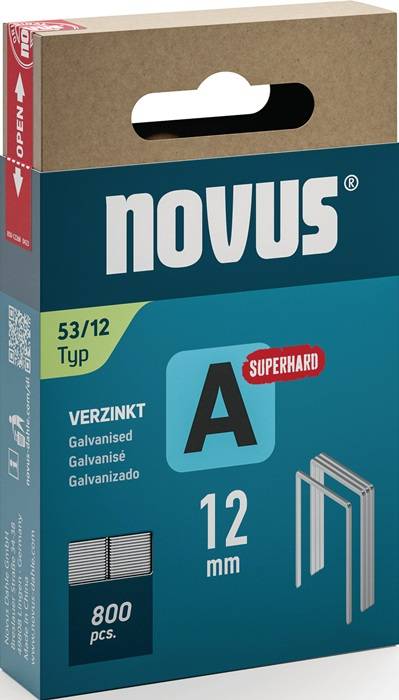 Schachtel mit Novus A-superharten verzinkten Heftklammern, Größe 53/12, mit dargestelltem Heftklammern-Icon und Produktetiketten in mehreren Sprachen.