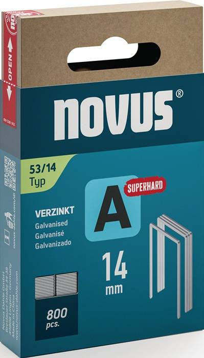 Eine blaue und braune Novus-Box, die Heftklammern des Typs 53/14 superhart A präsentiert, mit der Beschriftung 