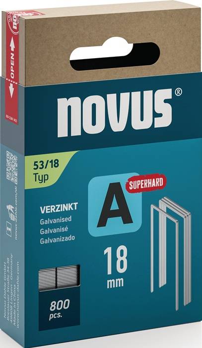 Verpackung von 'Novus Typ 53/18' Heftklammern mit 'Superhard' Etikett und Produktdetails in mehreren Sprachen.