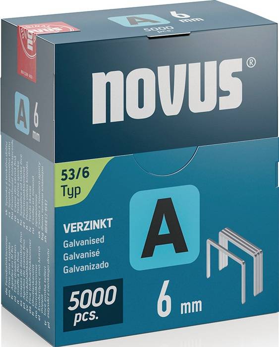 Novus-Schachtel mit Bezeichnung 'Typ 53/6', die 5000 verzinkte Heftklammern, Größe 6 mm enthält. Enthält die Begriffe 'verzinkt', 'galvanized', 'galvanisé'.