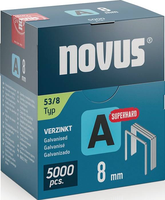 Novus' Markenkarton für 53/8 Typ verzinkte Heftklammern, gekennzeichnet als 'superhart', enthält 5000 Stück zur Verwendung.