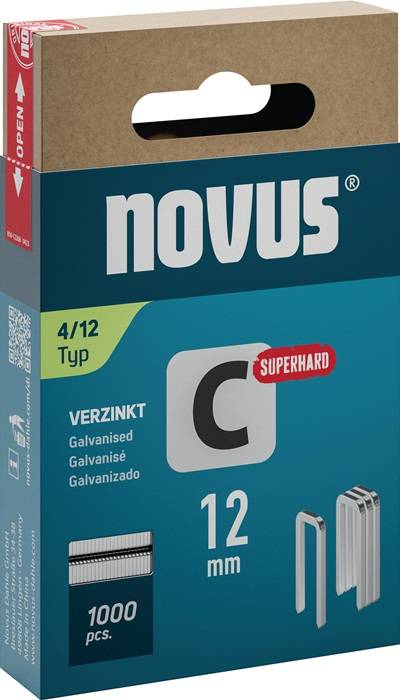 Eine Schachtel Novus 4/12 Superhard Heftklammern, verzinkt mit einer Größe von 12mm.
