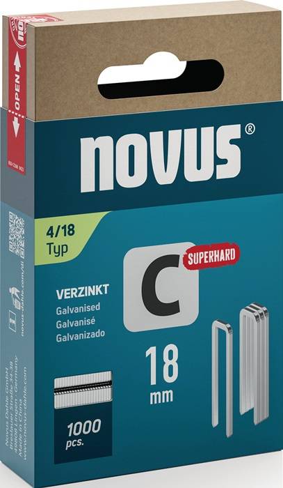 Karton von 'Novus' mit der Beschriftung 'Typ 4/18' enthält verzinkte 'Superhard'-Heftklammern, Größe 18.