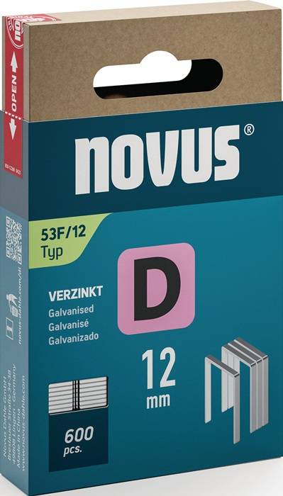 Verpackung für eine Nagelbox der Marke 'Novus', mit einem rosa 'D' auf blauem Hintergrund und Details wie '53F/12 Typ' sowie 'Verzinkt Galvanisiert'.