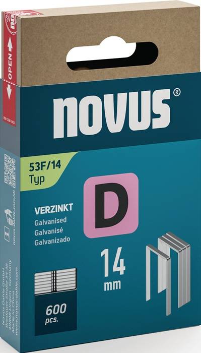 Schachtel mit Novus-Marken-Heftklammern, Typ 53F/14, beschriftet mit 'Typ D 14', zeigt auf der Verpackung eine Illustration von verzinkten Heftklammern.