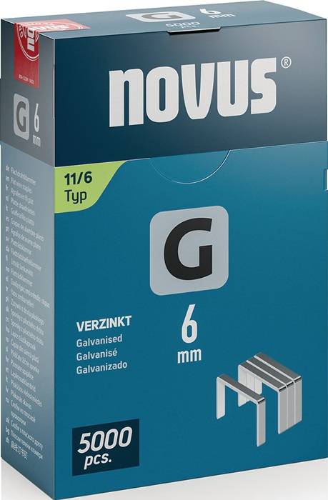 Heftklammern-Schachtel vom Typ 'Novus', 6 mm Größe, verzinkt, mit Beschriftung in mehreren Sprachen.