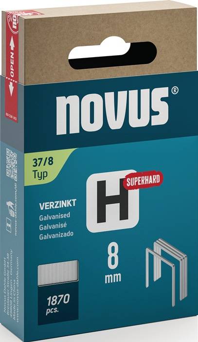 Novus Superhard H' 37/8 Heftklammern in blauer Verpackung mit verzinktem, verzinkt, galvanisé Text und Symbolen, die gebündelte Heftklammern zeigen.