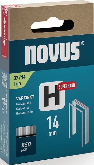 Novus Typ 37/14 Superhart H' Heftklammernbox. Zeigt Metallheftklammern-Bild. Text enthält 'Verzinkt', 'Galvanised', 'Galvanisé'.